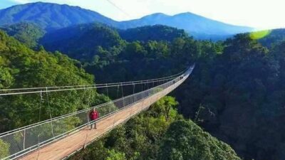 Jembatan gantung Situgunung yang berlokasi di kawasan konservasi Taman Nasional Gunung Gede Pangrango (TNGGP) Kecamatan Kadudampit, Kabupaten Sukabumi. Foto: Istimewa.