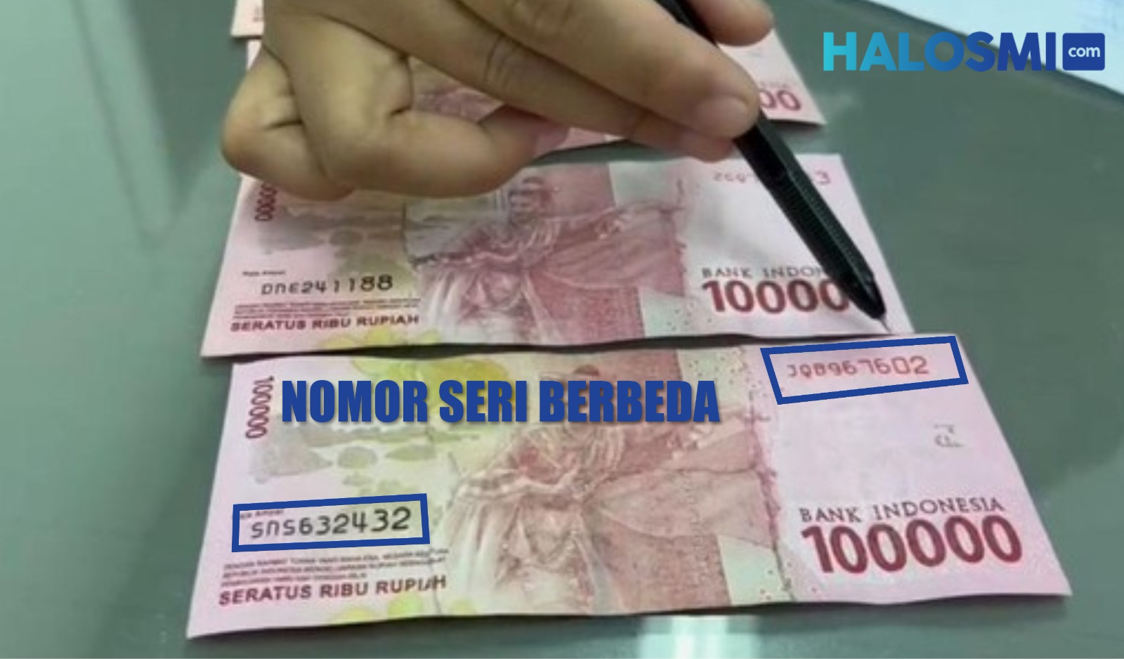 Ciri-ciri uang mutilasi yang memiliki dua nomor seri berbeda dan terdapat bekas sambungan pada uang. Foto: Nuria Ariawan/HALOSMI.