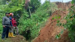 Sejumlah petugas bersama masyarakat meninjau lokasi bencana longsor di wilayah RW 08, Kelurahan/Kecamatan Gunungpuyuh, Kota Sukabumi, pada Selasa, 5 Desember 2023. Foto: Nuria Ariawan/HALOSMI.