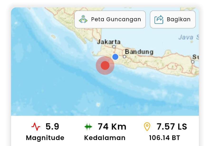 Tangkapan layar gempa bumi bermagnitudo 5.9 yang mengguncang barat daya Bayah, Banten, pada Rabu, 3 Januari 2024, sekira pukul 07.53 WIB. Foto: BMKG.