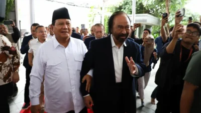 Presiden terpilih Prabowo Subianto bertemu Ketua Umum Partai NasDem Surya Palo di Kantor DPP Partai NasDem, NasDem Tower, Jakarta pada Jumat 22 Maret 2024. FOTO: Istimewa
